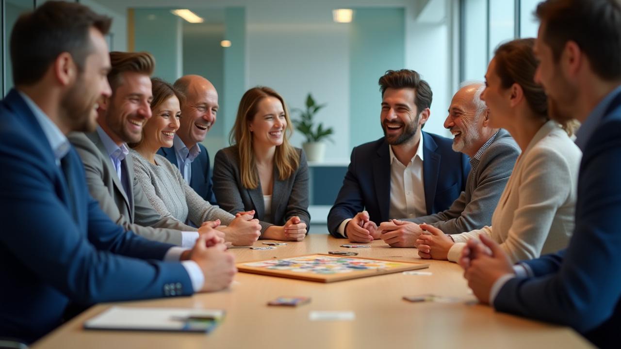 Diverse team laughing and playing a custom branded board game in a modern office space