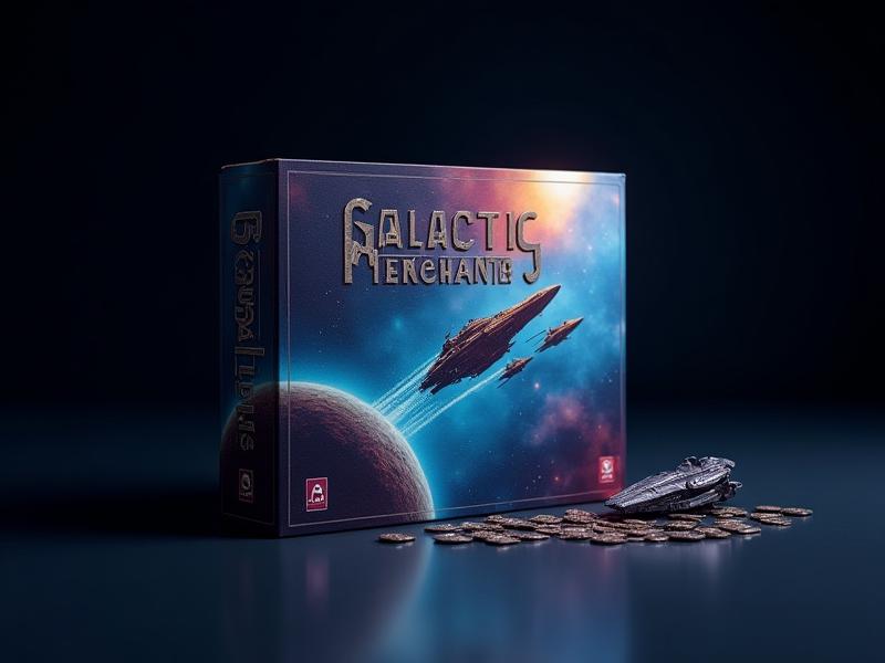 Galactic Merchants board game box, sleek and colorful, showcasing spaceships and alien planets