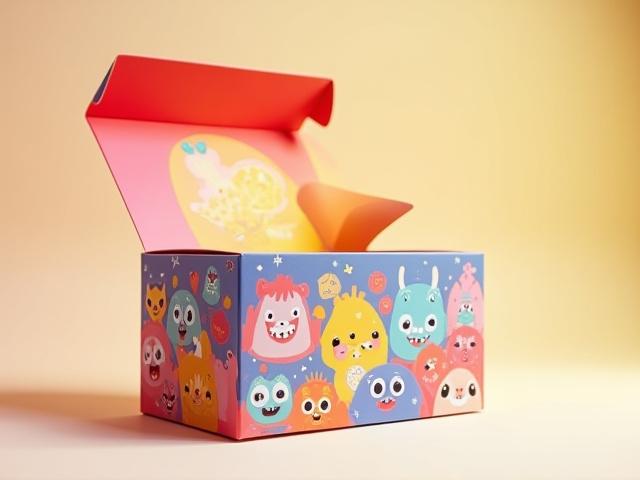 A vibrant, whimsical and colorful gift box designed for a children's product, featuring playful illustrations.