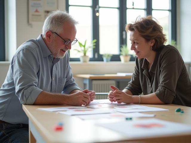 A designer, Charles Edward Kurowski, discussing game prototypes with an educator or curriculum developer at a table
