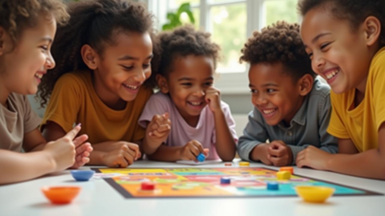 Children smiling and engaged while playing a colorful educational board game on a bright table