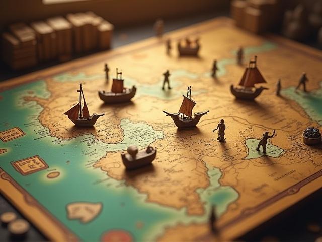 Concept art of a historical board game with ancient maps, explorer tokens, and discovery cards