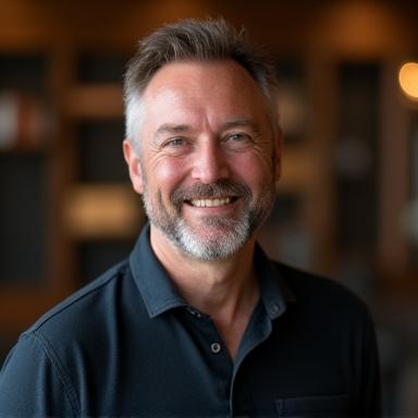 Professional, friendly portrait of Charles Edward Kurowski, a tabletop game designer, smiling warmly.