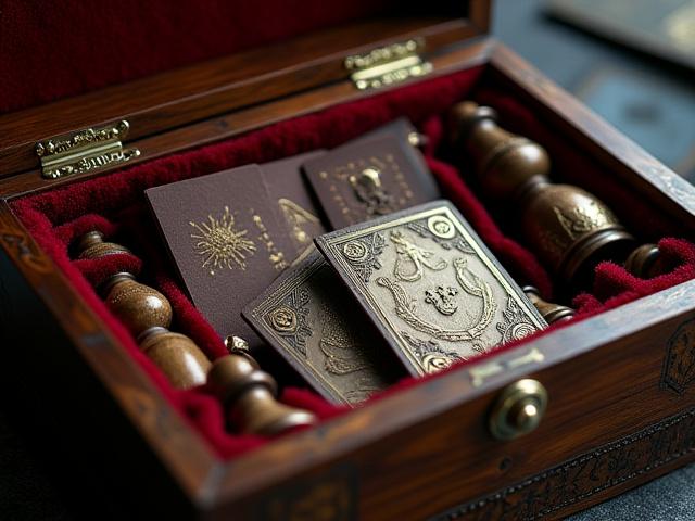 Exquisitely crafted luxury board game components, including metal tokens and intricately designed wooden pieces, presented in a velvet-lined box.