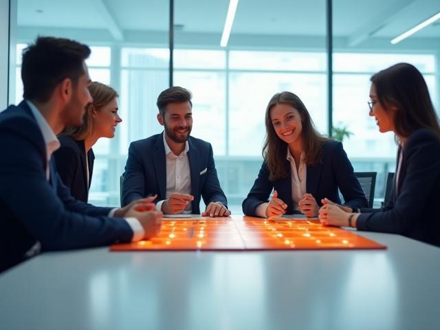 Professionals engaged in a custom-designed corporate team-building board game, fostering collaboration.