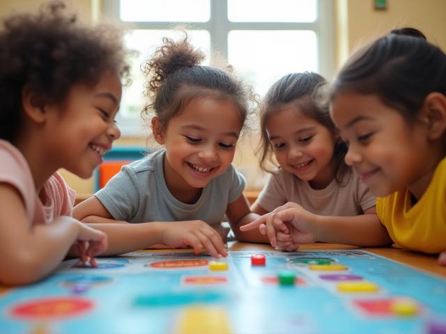Children in a classroom setting playing an engaging educational board game, learning through interaction.