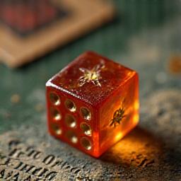 Close-up of hand-painted wooden meeples, custom-poured resin dice with internal flecks, and a letter-pressed rulebook cover, showcasing artisanal details.