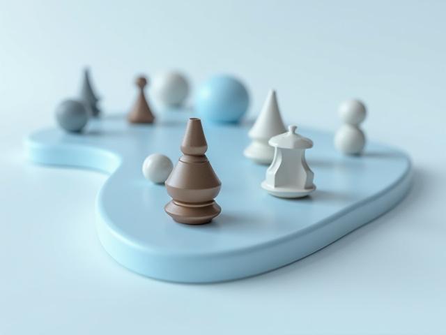 Abstract sculptural game pieces in metallic and matte finishes on a minimalist board, evoking modern art.