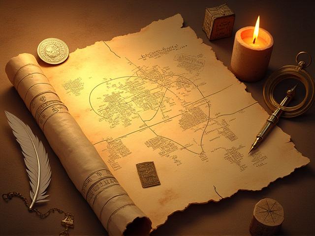 Stylized illustration of ancient artifacts and maps, suggesting a historical theme.