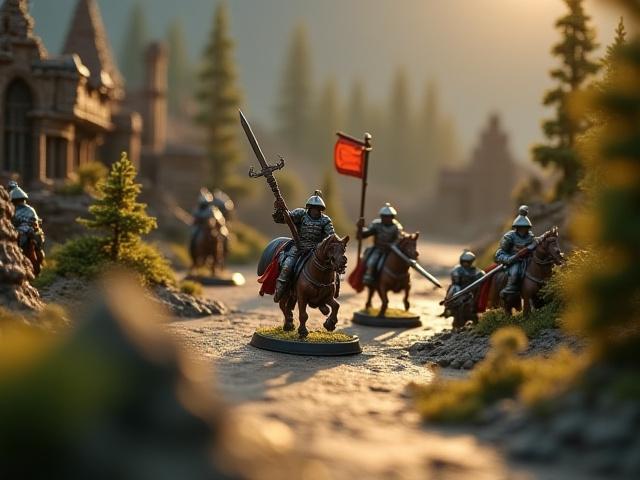 Detailed miniature wargame scene with painted figurines on a sculpted terrain, emphasizing tactical positioning and visual storytelling