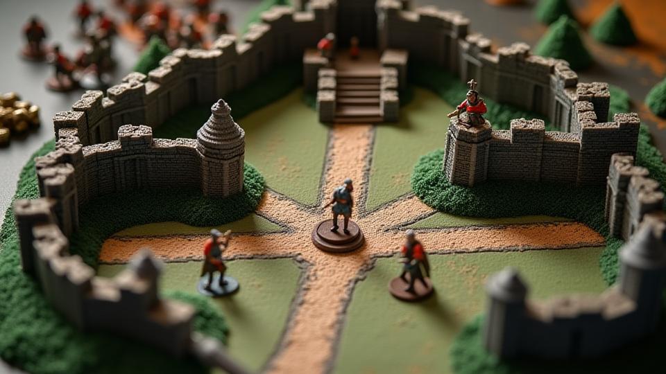 Overhead view of 'Siege of Oakhaven' board game: two player forces, castle walls, hex grid, and custom miniatures for a 2-player asymmetric wargame